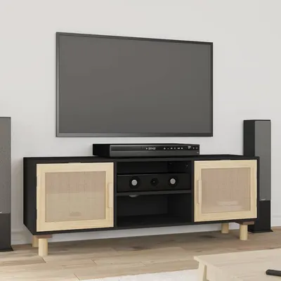 vidaXL Comodă TV, negru, 105x30x40 cm lemn masiv pin și ratan natural