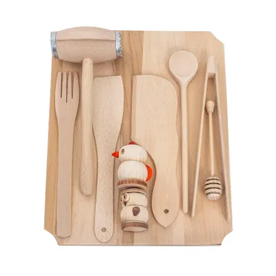 Set tocator dreptunghiular din lemn de fag, 10 piese, 40x30x2cm / EXT 6086 Engros