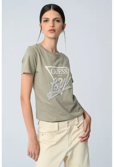 Tricou din bumbac cu imprimeu logo si aplicatie cu margele - Verde pal