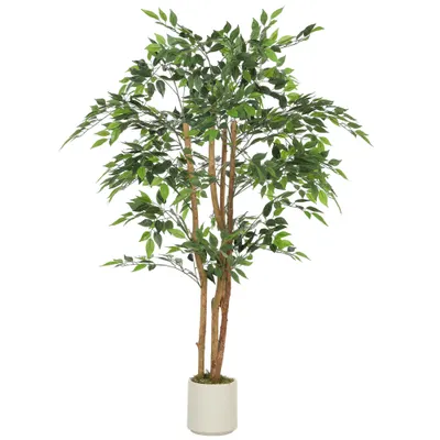 HOMCOM Plantă Artificială Banian din PEVA și Lemn cu Ramuri Modelabile și Ghiveci Alb din PP și Ciment | Aosom Romania