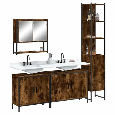 vidaXL Set mobilier de baie, 4 piese, stejar fumuriu, lemn prelucrat