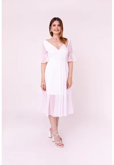 Rochie midi cu decolteu in V Promise - Alb