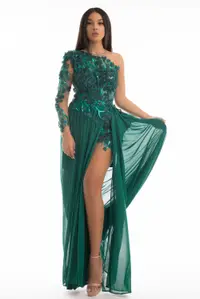 Rochie de seara lunga verde din voal cu aplicatie de flori 3D