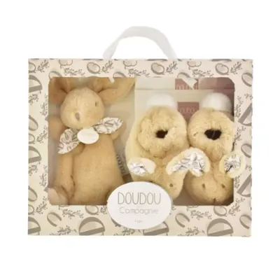 Iepuras Doudou - Set Pantofiori si Jucarie de Plus, Bej
