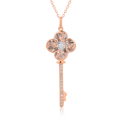 Lant cu pandantiv cheie din aur roz cu diamant de 0.017ct si diamante de 0.047ct