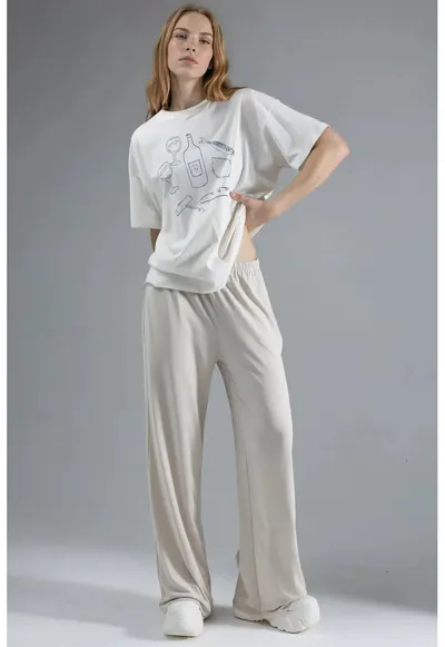 Pantaloni dama - talie elastica - croiala dreapta - ecru - textil sintetic