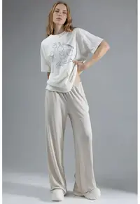 Pantaloni dama - talie elastica - croiala dreapta - ecru - textil sintetic