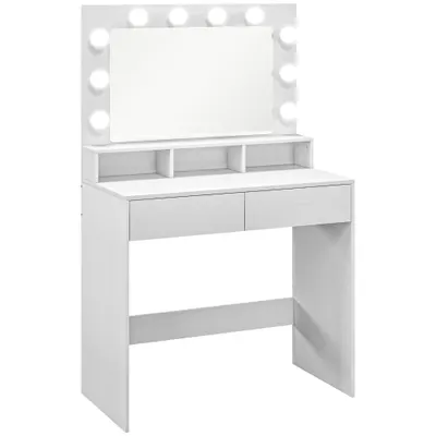 HOMCOM Masă de toaletă cu oglindă iluminată, sertare, 3 opțiuni de lumină, 10 becuri, masă de machiaj modernă în alb | Aosom Romania