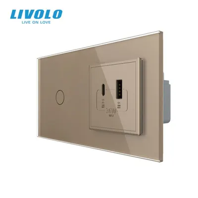 Intrerupator simplu + priza USB tip A si tip C, generatia noua, cu rama sticla Auriu