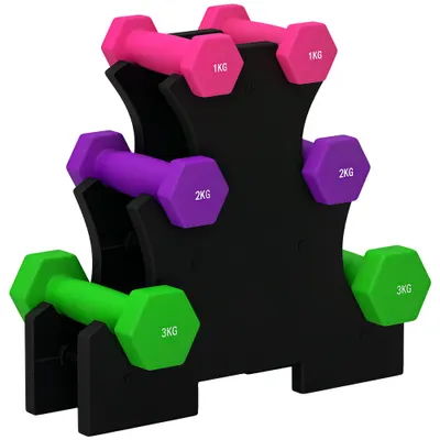 SPORTNOW Set de Gantere cu Suport, 6 Gantere în Total 2x1 kg, 2x2 kg, 2x3 kg