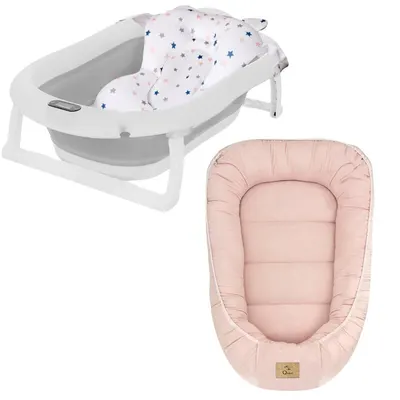 Set cadita pliabila Genua Premium, cu termometru, dop si suport anatomic, Gri si cosulet bebelus, Qmini, 55 x 75 cm, Husa 100% muselina dubla, Pink