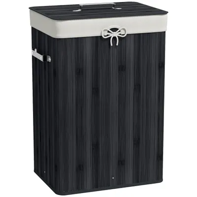 HOMCOM Coș de rufe, cutie rufe, colector de rufe cu capac, sac din pânză, bambus, pliabil, 72L, Negru 40 x 30 x 60 cm | Aosom Romania