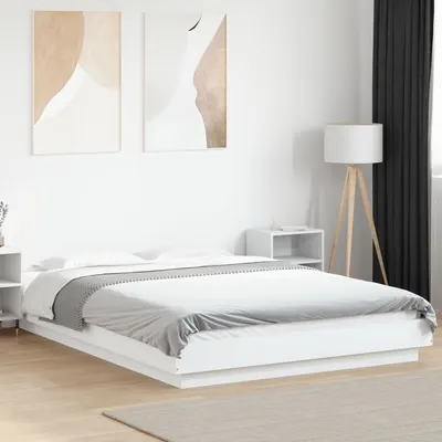 vidaXL Cadru de pat cu lumini LED, alb, 140x190 cm, lemn prelucrat