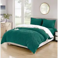 Lenjerie de Pat Dublu, CoCoLiNo Ultra Pufoasa, cu Blanita Sherpa Alba, 4 piese, Cearsaf cu ELASTIC, Model Traditional 3D, Verde
