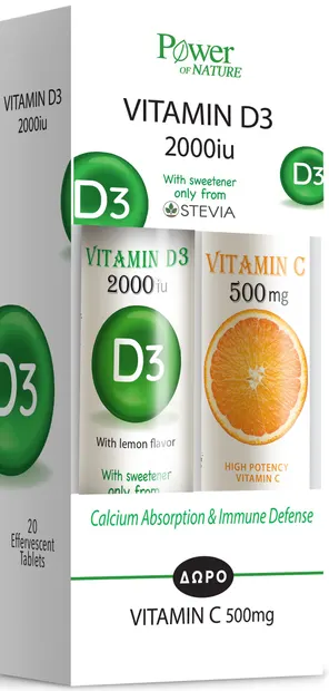 Vitamin D3 + Vitamin C, 2000 IU/500 mg, 2 x 20 comprimate efervescente, Power of Nature