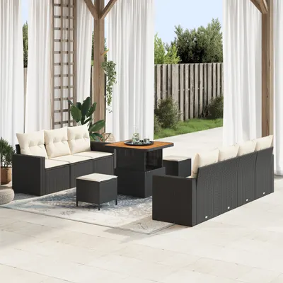 Set canapea gradina Gossi 10 piese cu perne ratan negru acacia, set mese gradina Gossi 3 piese cu perne ratan negru acacia