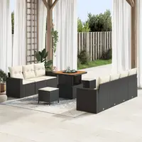 Set canapea gradina Gossi 10 piese cu perne ratan negru acacia, set mese gradina Gossi 3 piese cu perne ratan negru acacia