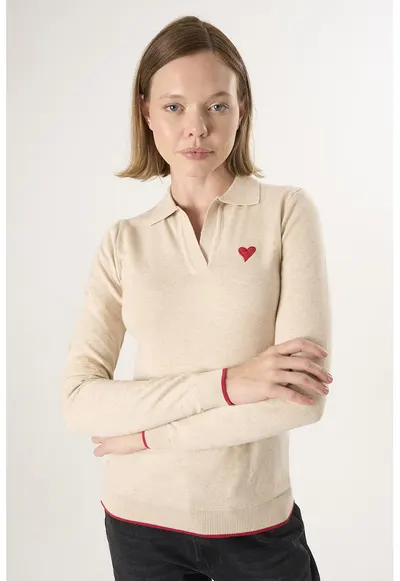 Pulover polo cu terminatie contrastante - Bej