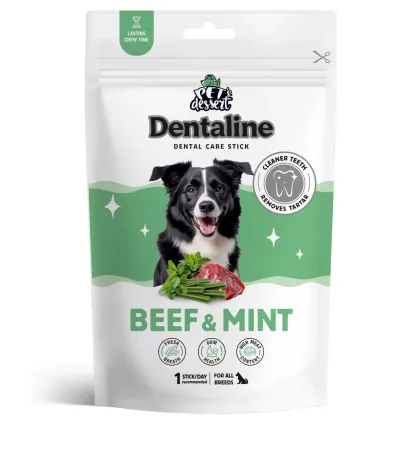 Recompense pentru caini Pet s Dessert Dentaline Sticks cu vita menta 120 gr