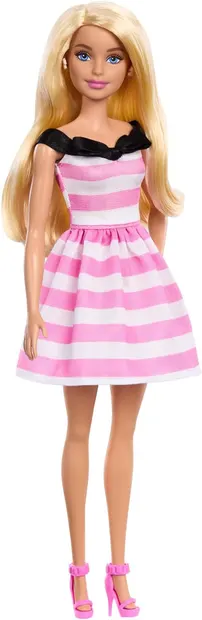 Păpușă Barbie - 65 de ani, cu o rochie în dungi roz