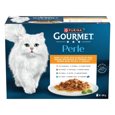 GOURMET Perle Curcan, Rață, Miel, Ton, plic hrană umedă pisici, (în sos), bax, 85g x 12buc