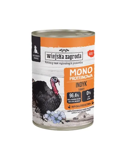 WIEJSKA ZAGRODA Hrană umedă monoproteică cu curcan pentru căței, 400 g