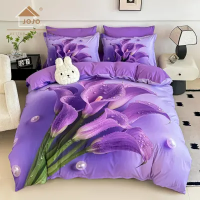 Lenjerie pat dublu, FINET, Imprimeu Digital 5D - Identic cu poza, Cu ELASTIC, 6 piese, Jojo Home, Mov, Cale