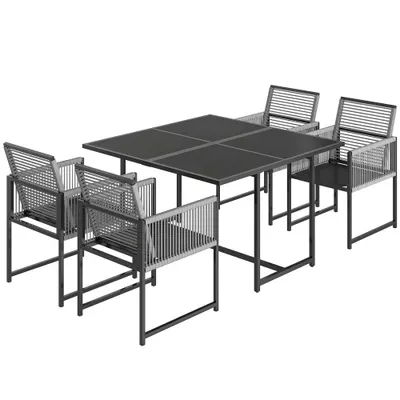 Outsunny Set mobilier grădină 5 piese masă din sticlă cu 4 scaune respirabile, spătare rabatabile, împletitură din sfoară | Aosom Romania