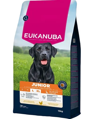EUKANUBA Junior Large Breeds Chicken 15 kg hrană câini tineri rase mari, bogată în pui proaspăt