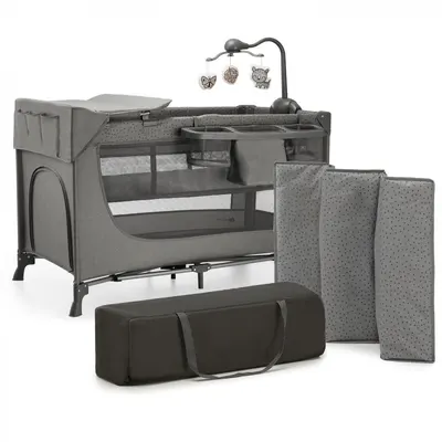 Patut travel Kinderkraft Joy 2 Dark Grey cu 2 nivele, dubla protectie impotriva auto-plierii, intrare laterala cu fermoar, carusel, masuta de infasat si organizator incluse