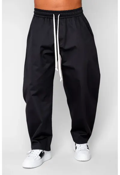 Pantaloni lungi drepti Oversized cu snur din 100% Bumbac - Premium Edition Black 20291 - Negru