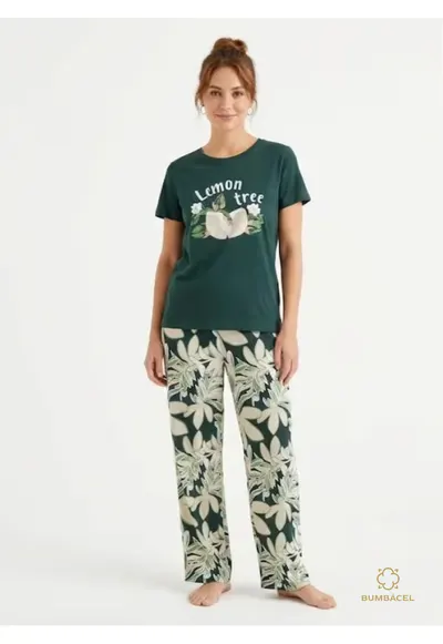 Pijama pentru dame cu tricou si pantaloni lungi - cu imprimeu - din bumbac - Verde