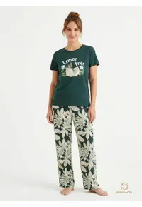 Pijama pentru dame cu tricou si pantaloni lungi - cu imprimeu - din bumbac - Verde