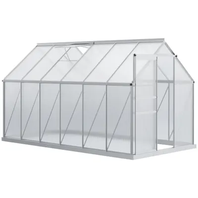 Outsunny Seră de Grădină din Policarbonat 7,1 m² dim. 1,9L x 3,75l x 1,99 m cu Fundație, Fereastră de Ventilație Reglabilă, Ușă Glisantă - Argintiu și Transparent | Aosom Romania
