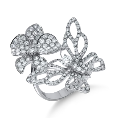Inel fluture-floare din aur alb cu diamante de 1.4ct