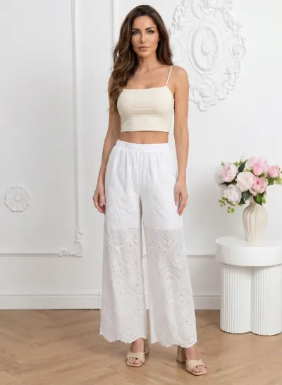 Pantaloni dama albi wide-leg cu ...