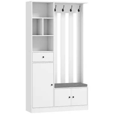 HOMCOM Cuier 180 cm cu Bancă pentru Pantofi, Soluție 4-în-1 cu Raft Reglabil, 4 Agățători și Compartimente Deschise, pentru Hol sau Living, Alb | Aosom Romania
