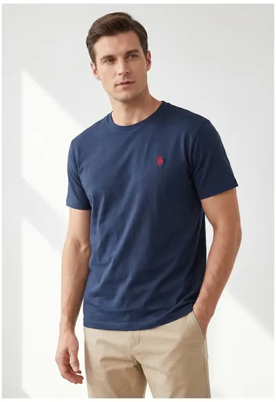 Tricou slim fit cu logo brodat - Bleumarin