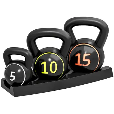 SPORTNOW Set 3 Kettlebell de 2.2 kg, 4.5 kg și 6.8 kg cu Suport pentru Greutăți, din Plastic și Nisip, Negru | Aosom Romania