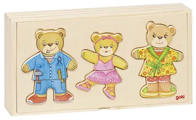 Puzzle din lemn Goki - Ursi de imbracat, tip 2
