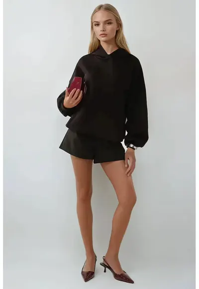 Hanorac dama oversized cu gluga - bumbac - negru