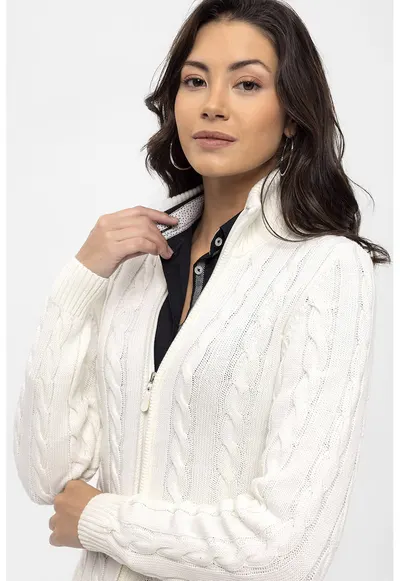 Cardigan cu design torsade si fermoar - Alb