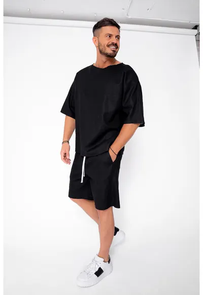 Set Lino 100% In Tricou si pantalon scurt Black Premium Edition New 21849 - Negru