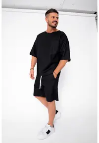 Set Lino 100% In Tricou si pantalon scurt Black Premium Edition New 21849 - Negru