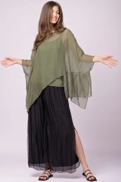 Bluza asimetrica din matase naturala si vascoza tip poncho, kaki