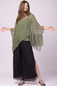 Bluza asimetrica din matase naturala si vascoza tip poncho, kaki