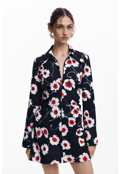 Rochie mini cu model floral - Rosu/Alb/Negru