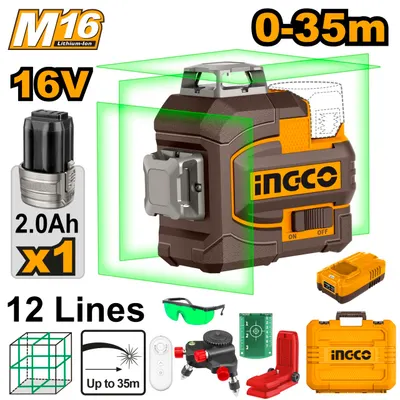 Nivela Laser Profesionala 16V INGCO HLL301201, laser verde 360°, 0-35 m, autonivelare ±4°, precizie ±1.5 mm/7 m, 1H + 2V, acumulator 2.0Ah, telecomanda, accesorii complete
