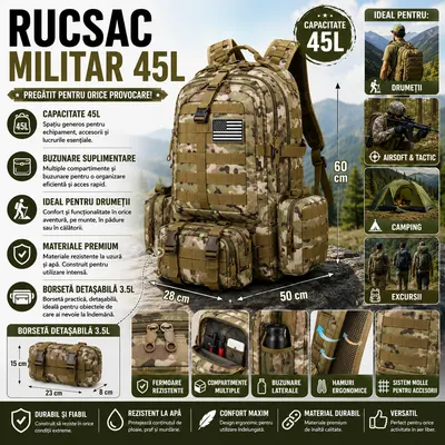Rucsac Militar 45L cu 3 Genti Detasabila, Sistem MOLLE, Impermeabil