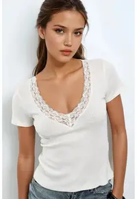 Bluza dama decolteu in V - detalii din dantela - alb - 100% bumbac